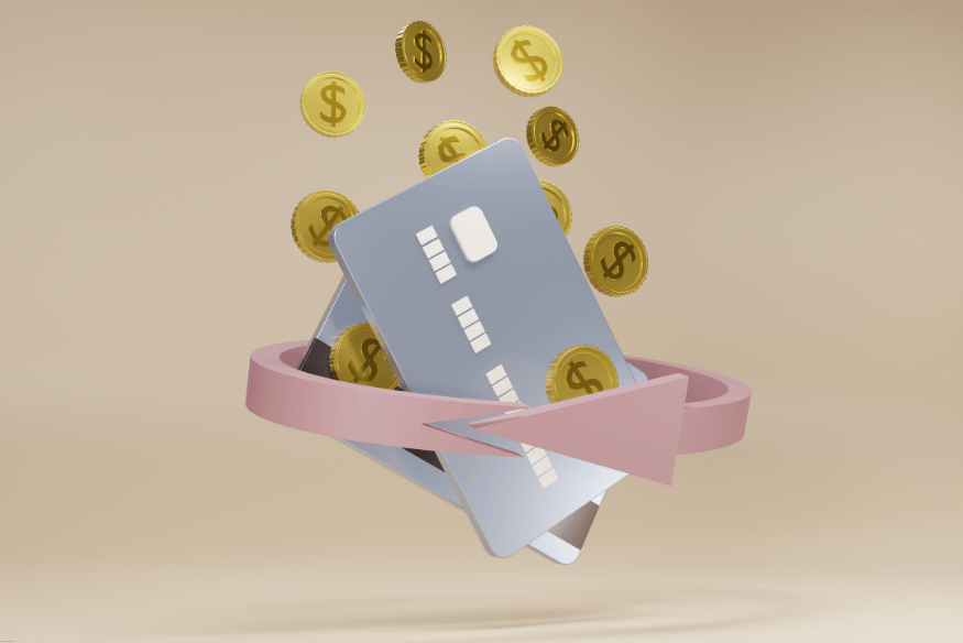 arjetas de crédito flotando entre monedas doradas y una flecha rosa animada.