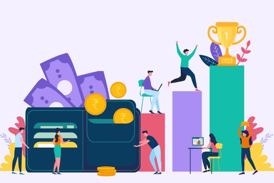 Ilustração de carteira com cartões, moedas, cédulas e pessoas interagindo com gráficos e conquistas financeiras.