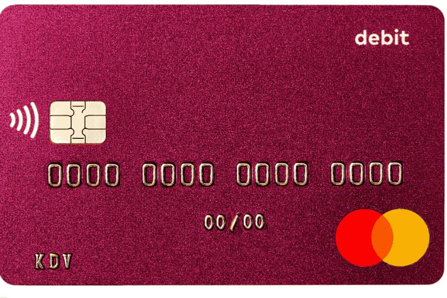 Tarjeta de débito morada con chip y logo de Mastercard