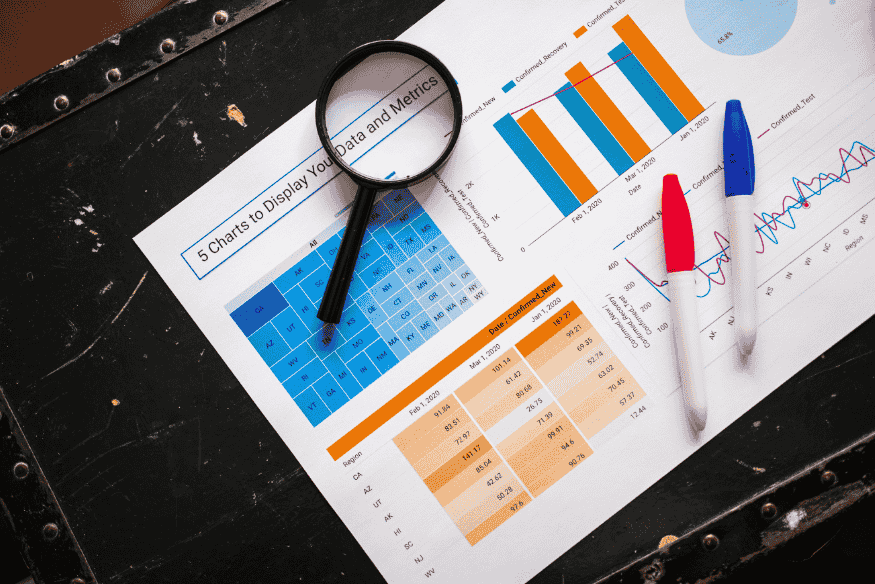 Gráficos y datos financieros impresos sobre una mesa con lupa y marcadores.