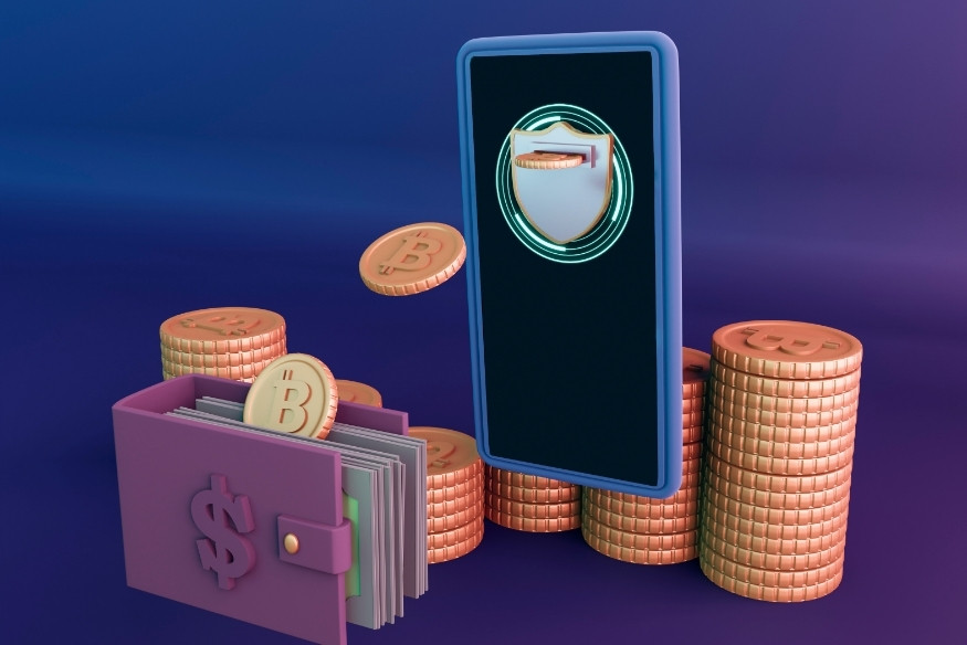 Representación digital de seguridad financiera con monedas, billetera y un dispositivo móvil con candado.