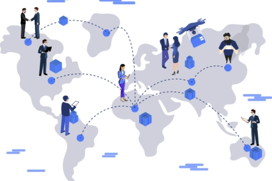 Mapa ilustrado com pessoas e ícones de logística e tecnologia conectando regiões.