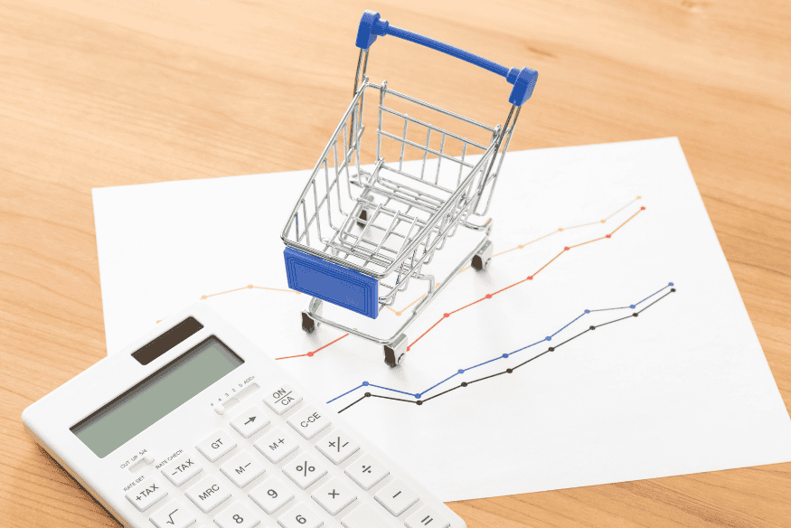 Carrito de compras con calculadora y gráfico como ejemplo de análisis de precio por unidad